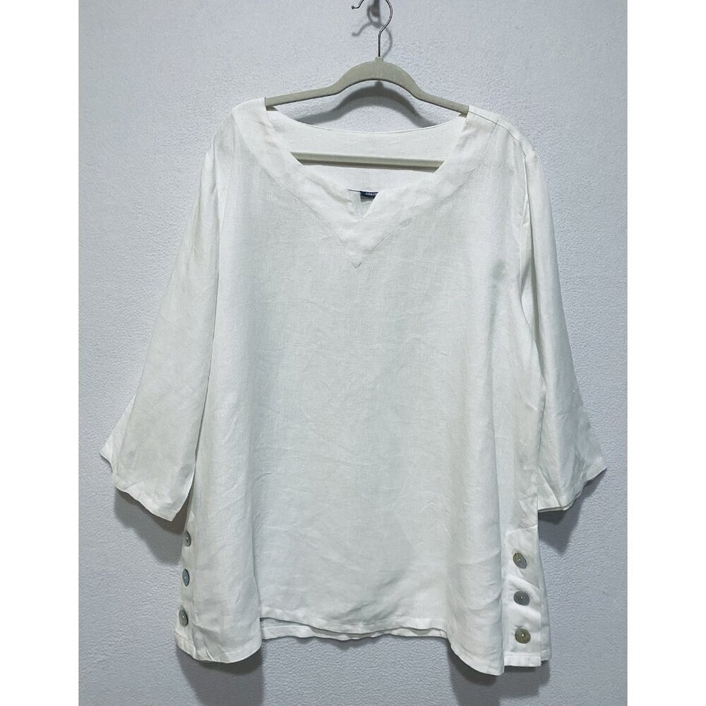 Amelline Top Womens XL White Linen Tunic Side Buttons Minimalist Lagenlook Boho